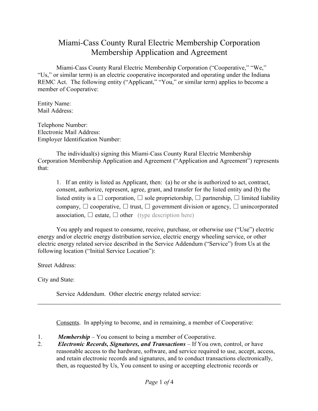 Sample Electric Cooperative Membership Application