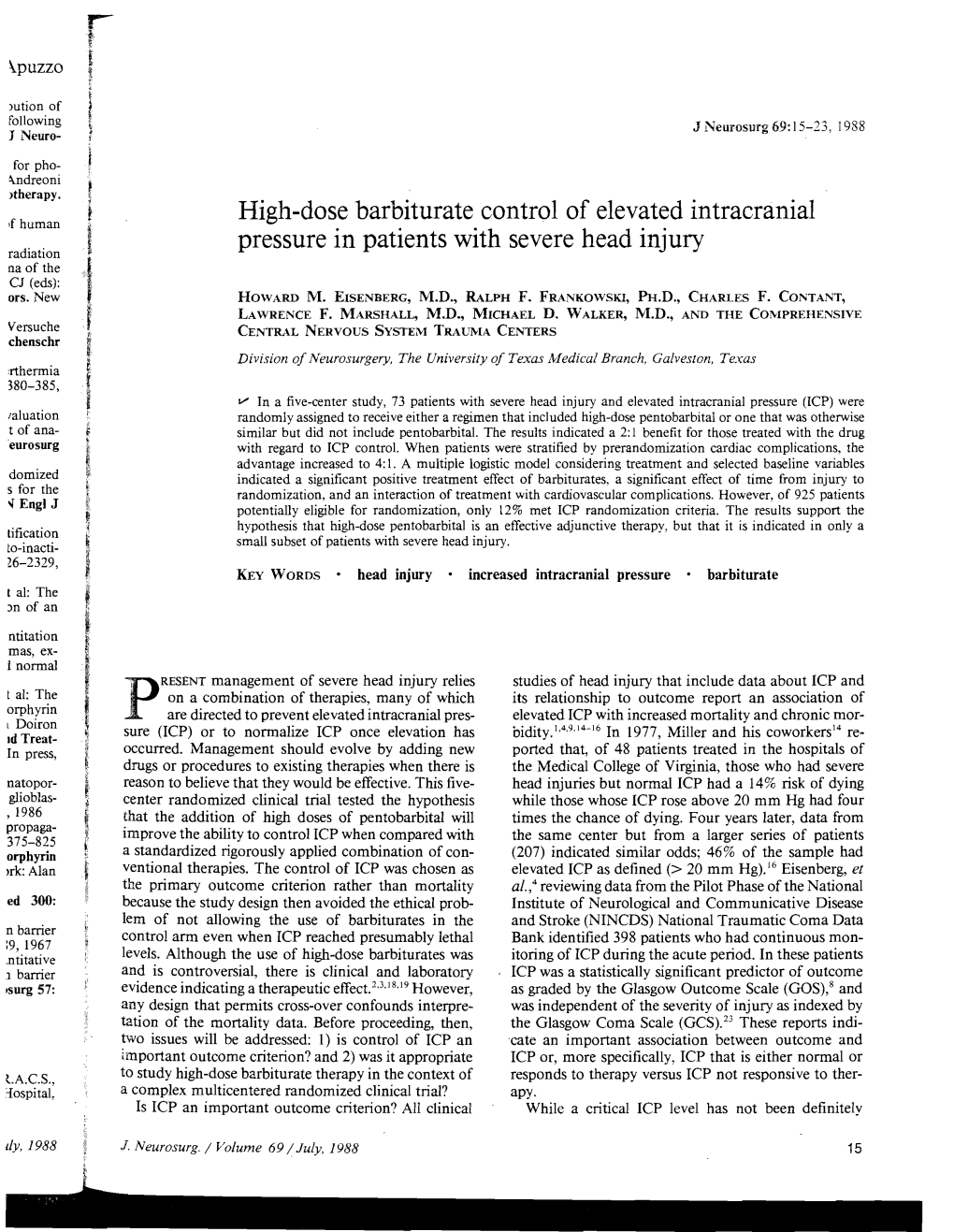 High-Dose Barbiturate Control of Elevated Intracranial Pressure in Patients with Severe Head Injury Radiation Na of the CJ (Eds): Ors