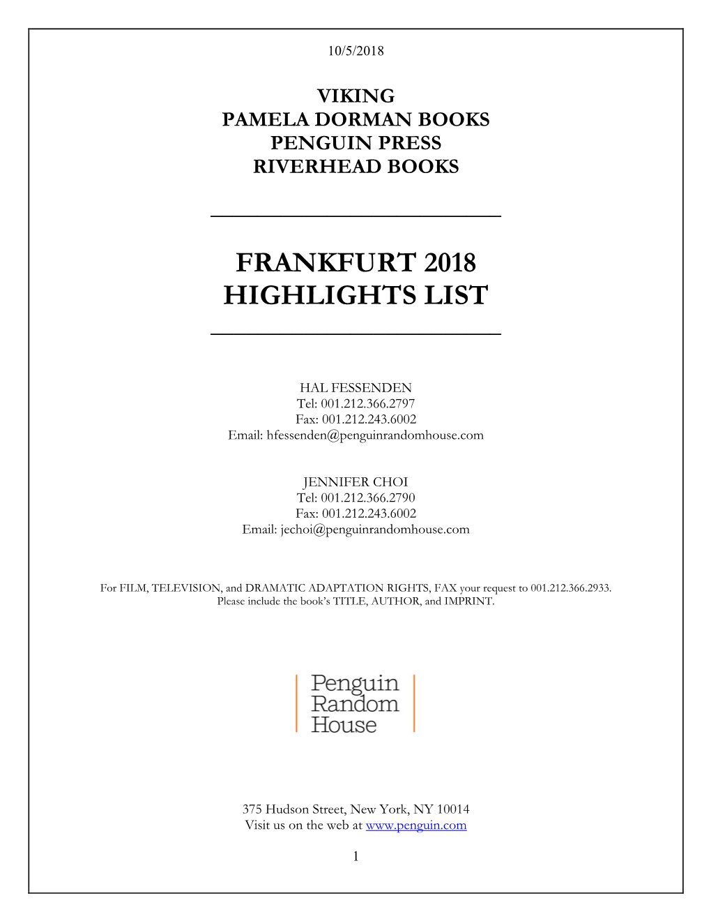 Frankfurt 2018 Highlights List ______