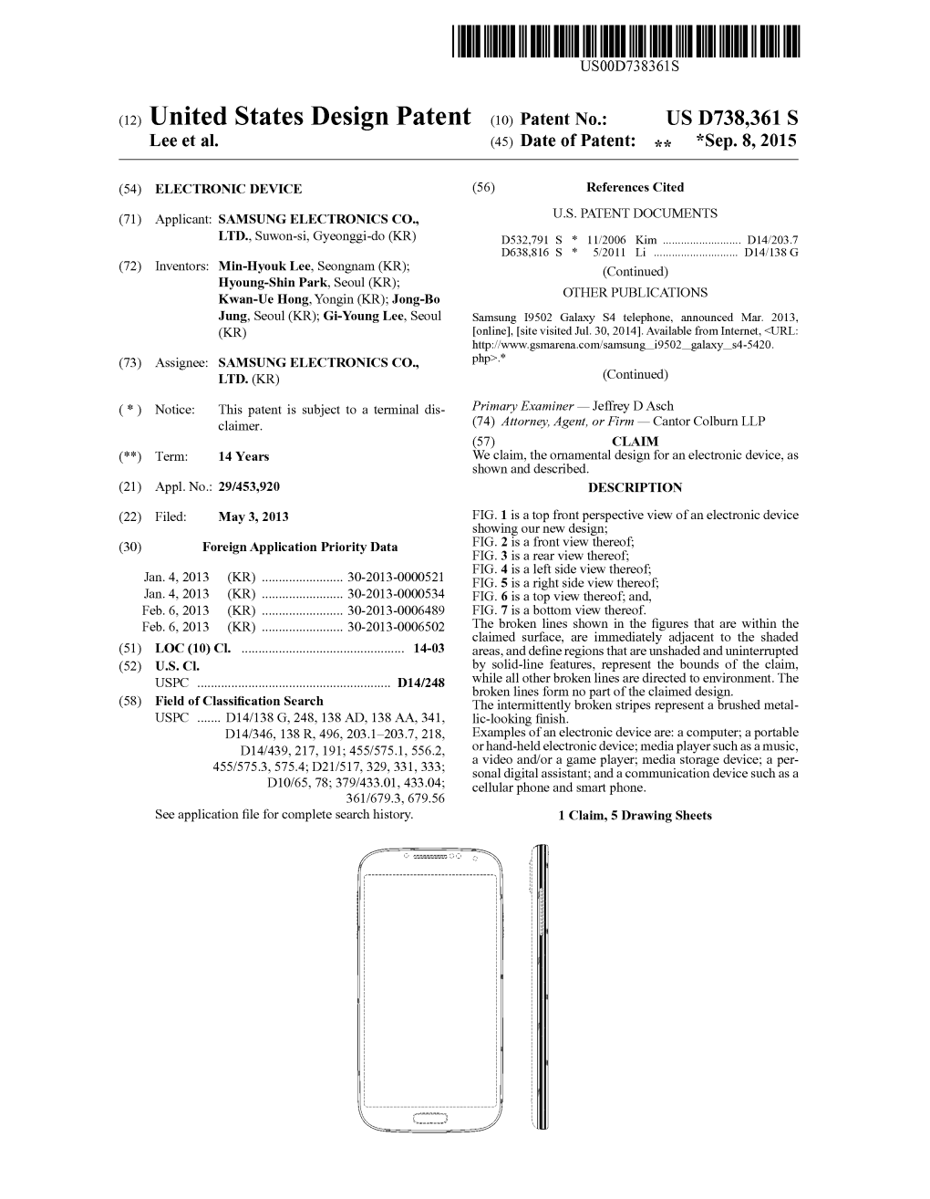 (12) United States Design Patent (10) Patent No.: US D738,361 S Lee Et Al