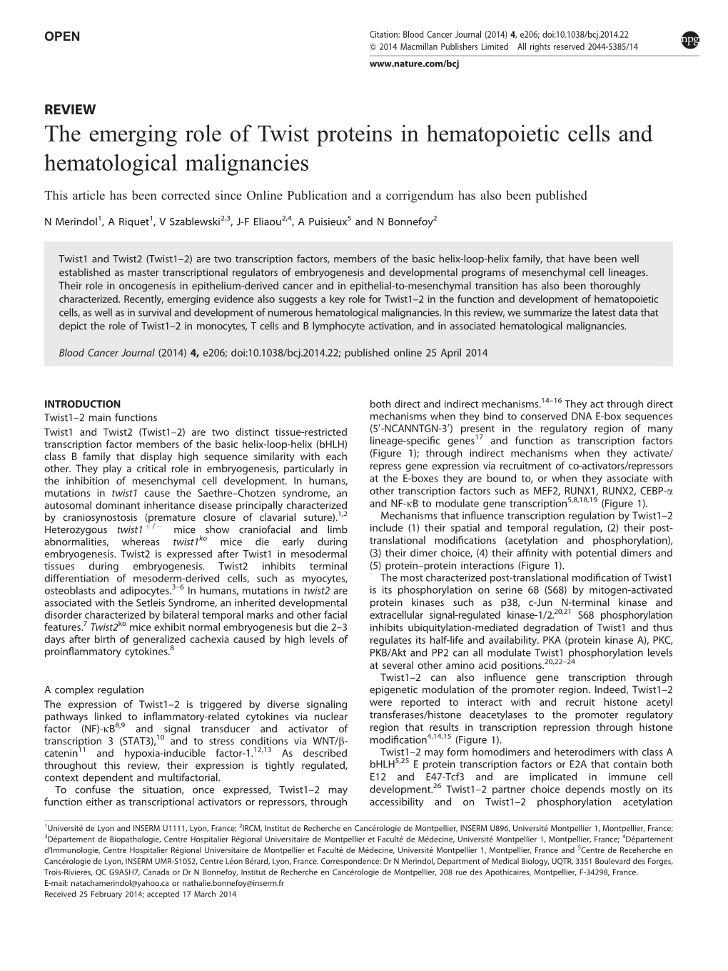The Emerging Role of Twist Proteins in Hematopoietic Cells and Hematological Malignancies