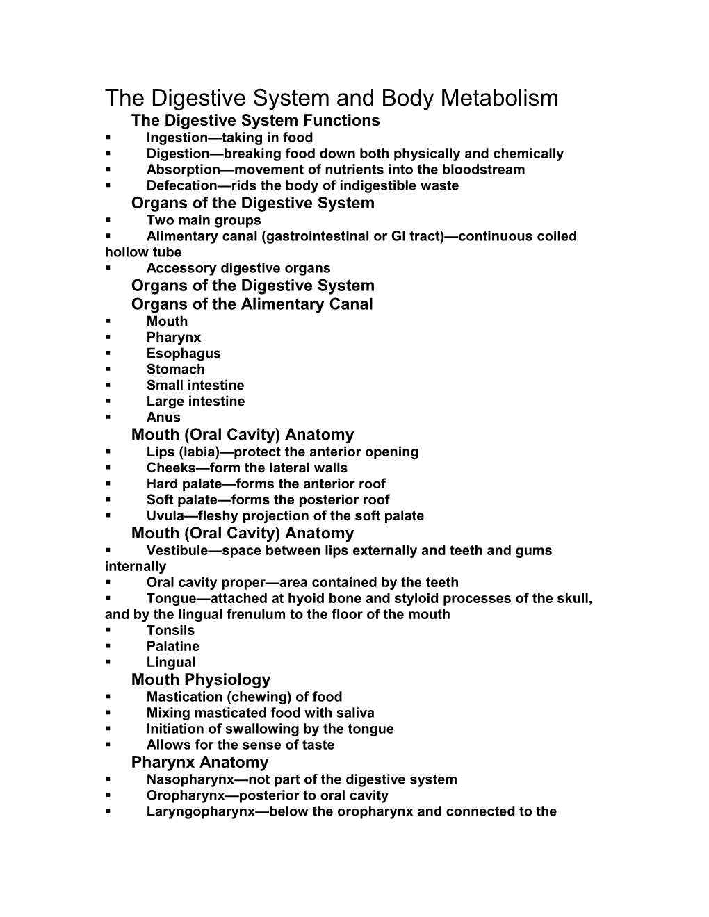 The Digestive System and Body Metabolism