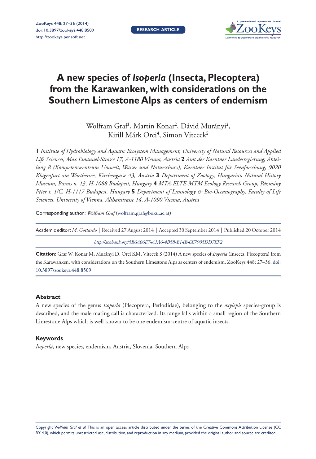 A New Species of Isoperla (Insecta, Plecoptera) from the Karawanken, with Considerations on the Southern Limestone Alps As Centers of Endemism