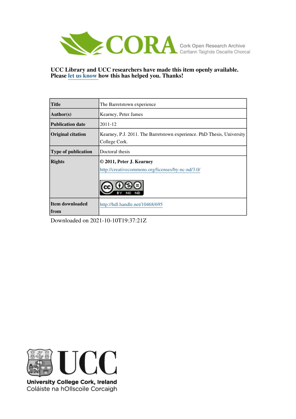 The Barretstown Experience Author(S) Kearney, Peter James Publication Date 2011-12 Original Citation Kearney, P.J