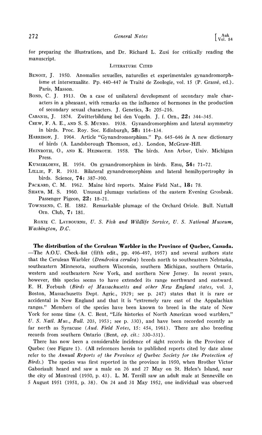 The Distribution of the Cerulean Warbler in the Province of Quebec, Can,Ada