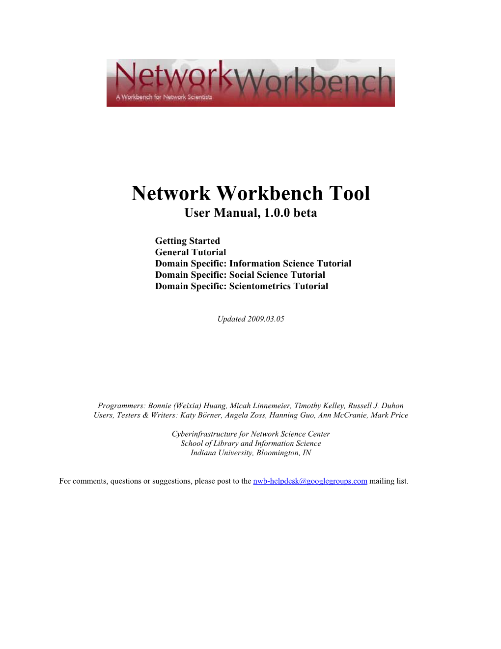 Network Workbench Tool User Manual, 1.0.0 Beta