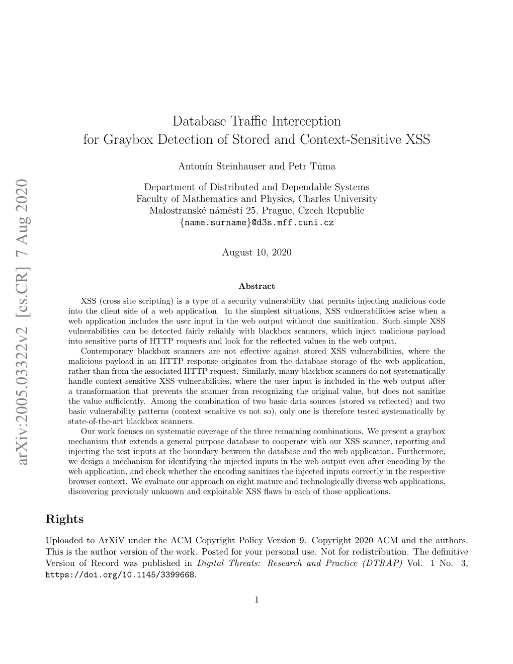 Database Traffic Interception for Graybox Detection of Stored And