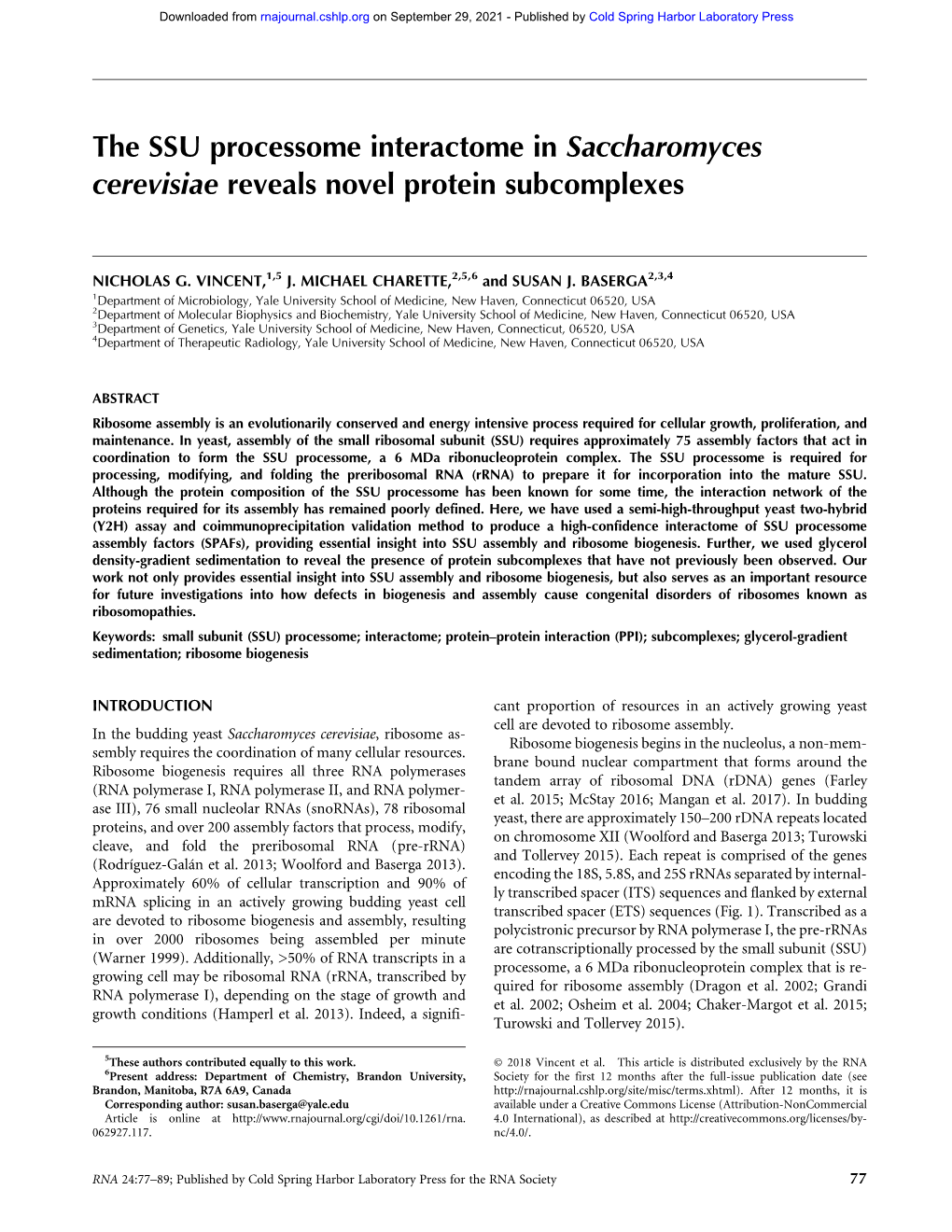 The SSU Processome Interactome in Saccharomyces Cerevisiae Reveals Novel Protein Subcomplexes