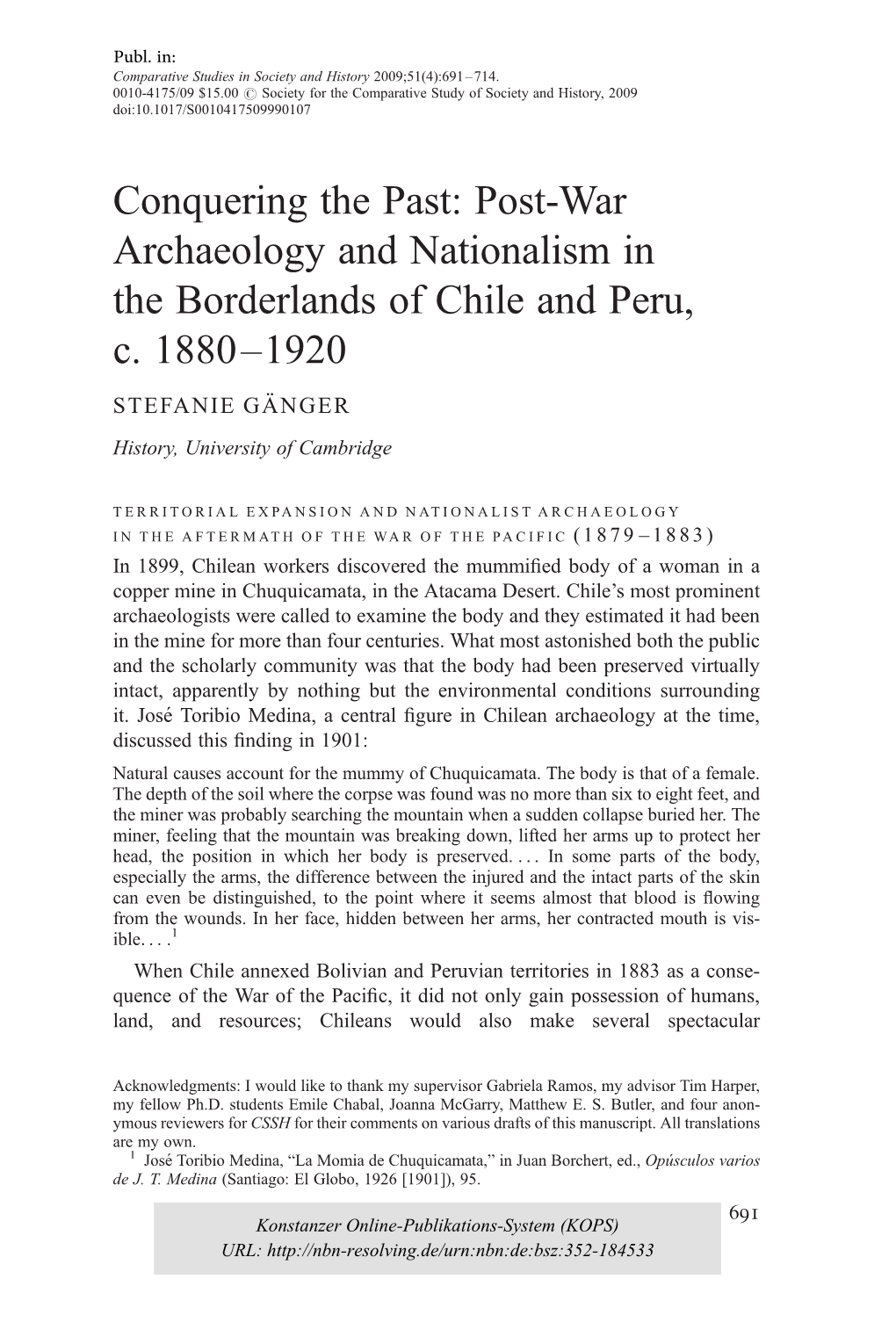 Post-War Archaeology and Nationalism in the Borderlands of Chile and Peru, C