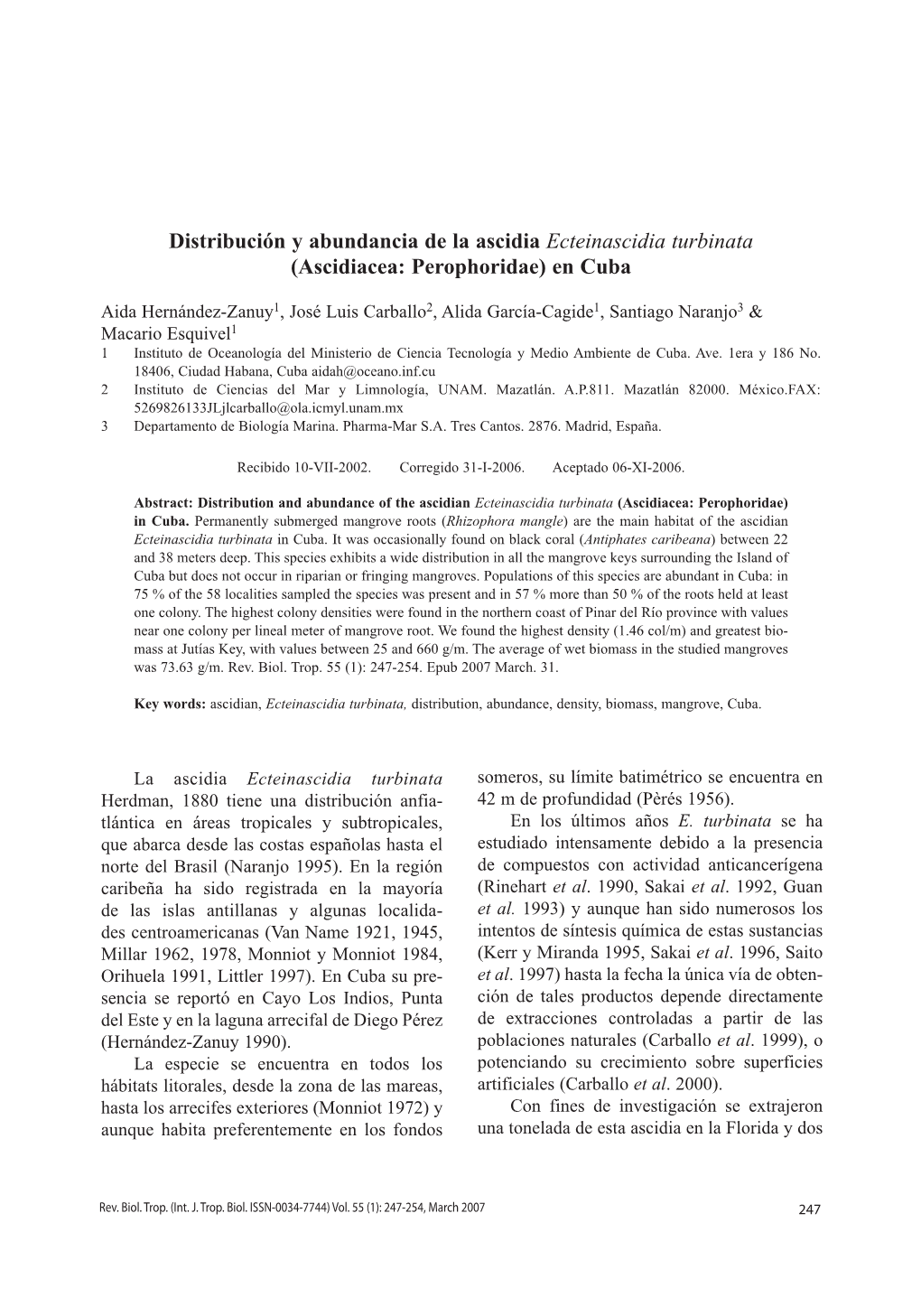 Distribución Y Abundancia De La Ascidia Ecteinascidia Turbinata (Ascidiacea: Perophoridae) En Cuba