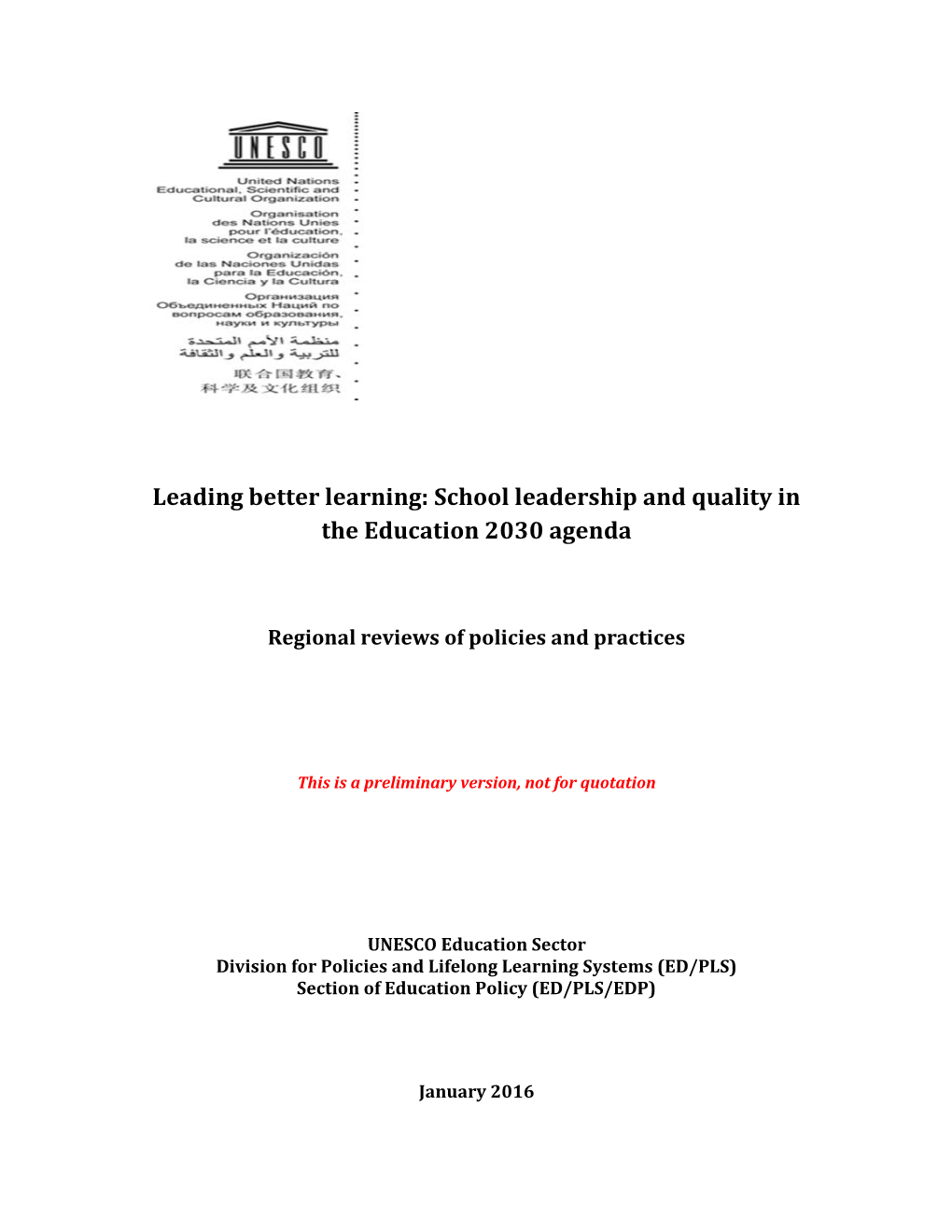 School Leadership and Quality in the Education 2030 Agenda