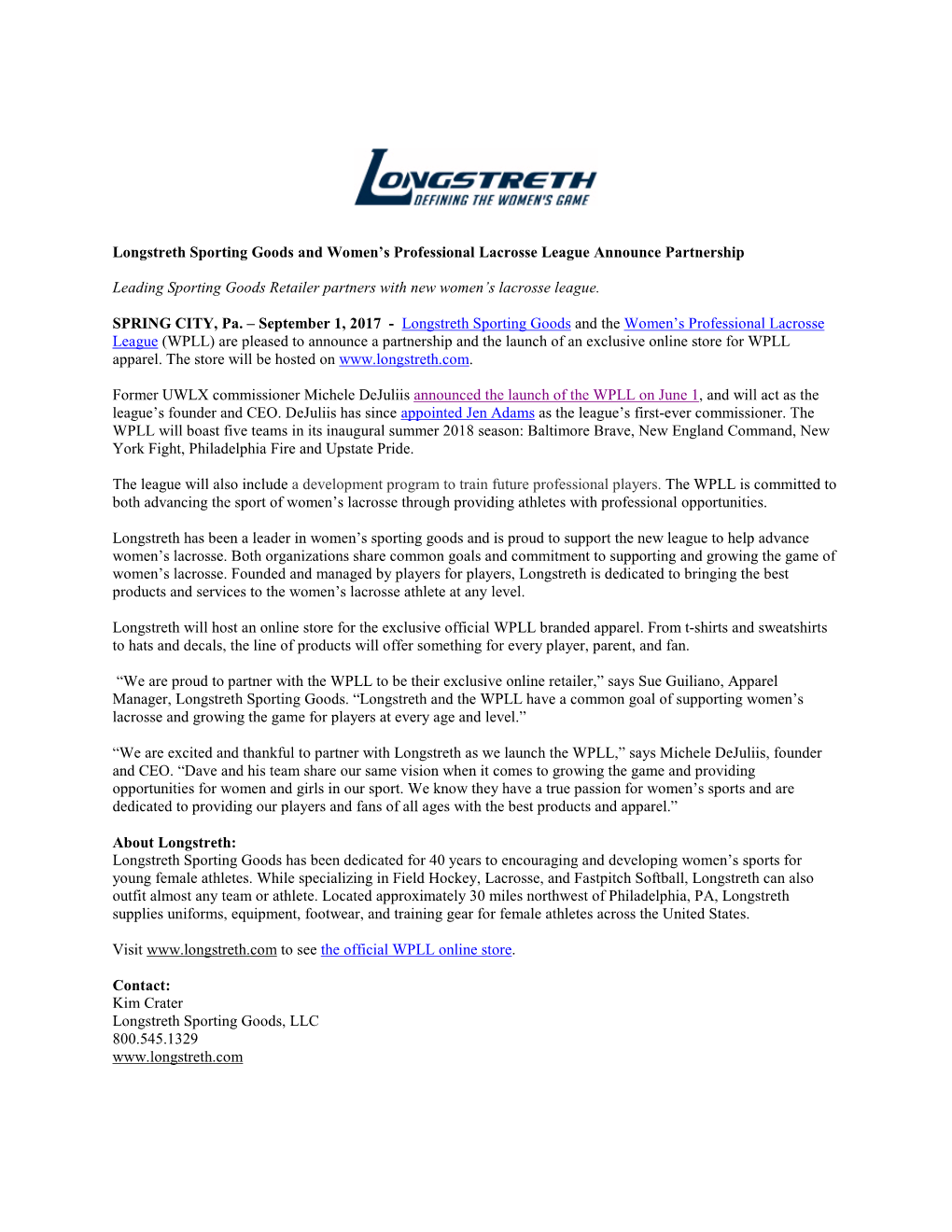 Longstreth Sporting Goods and Women's Professional Lacrosse