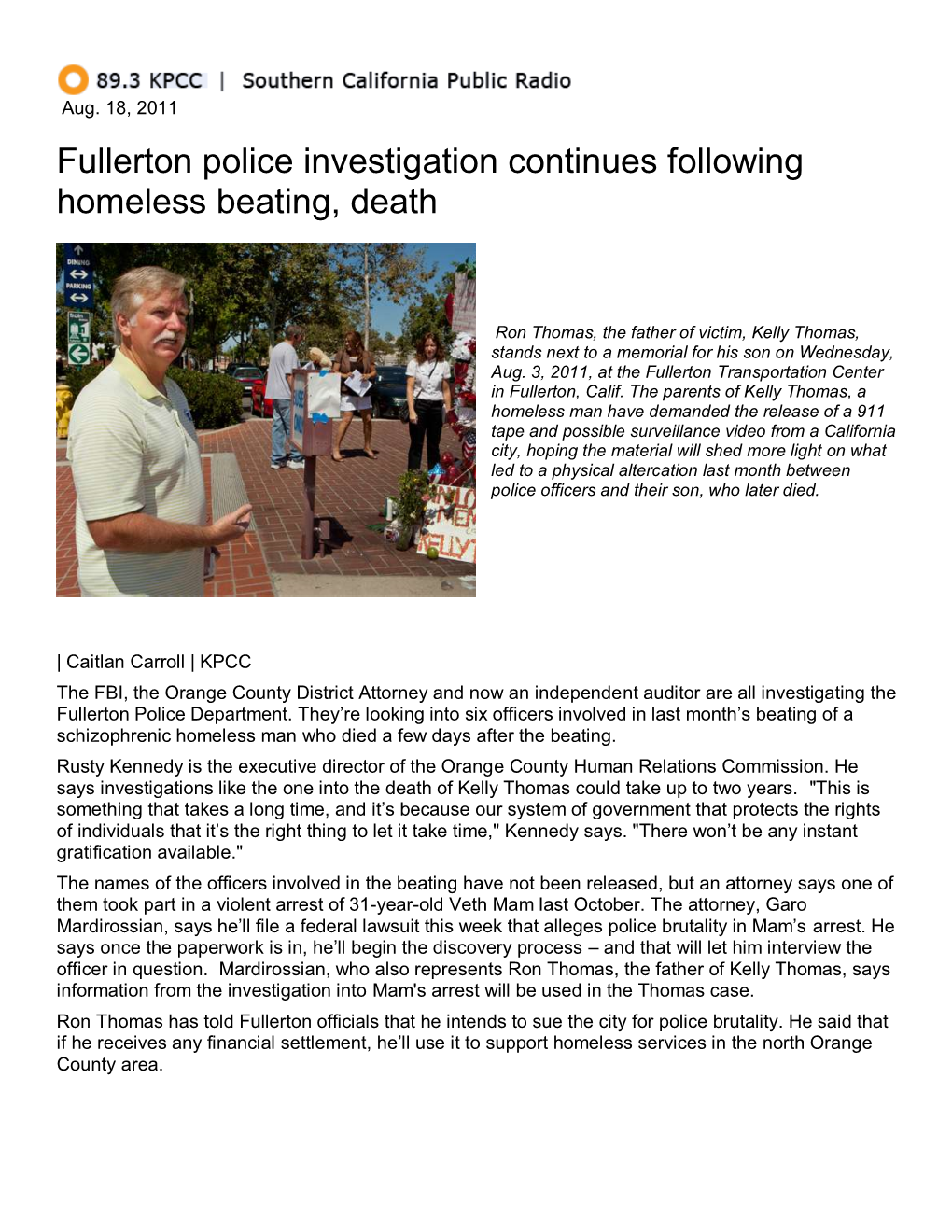 Fullerton Police Investigation Continues Following Homeless Beating, Death
