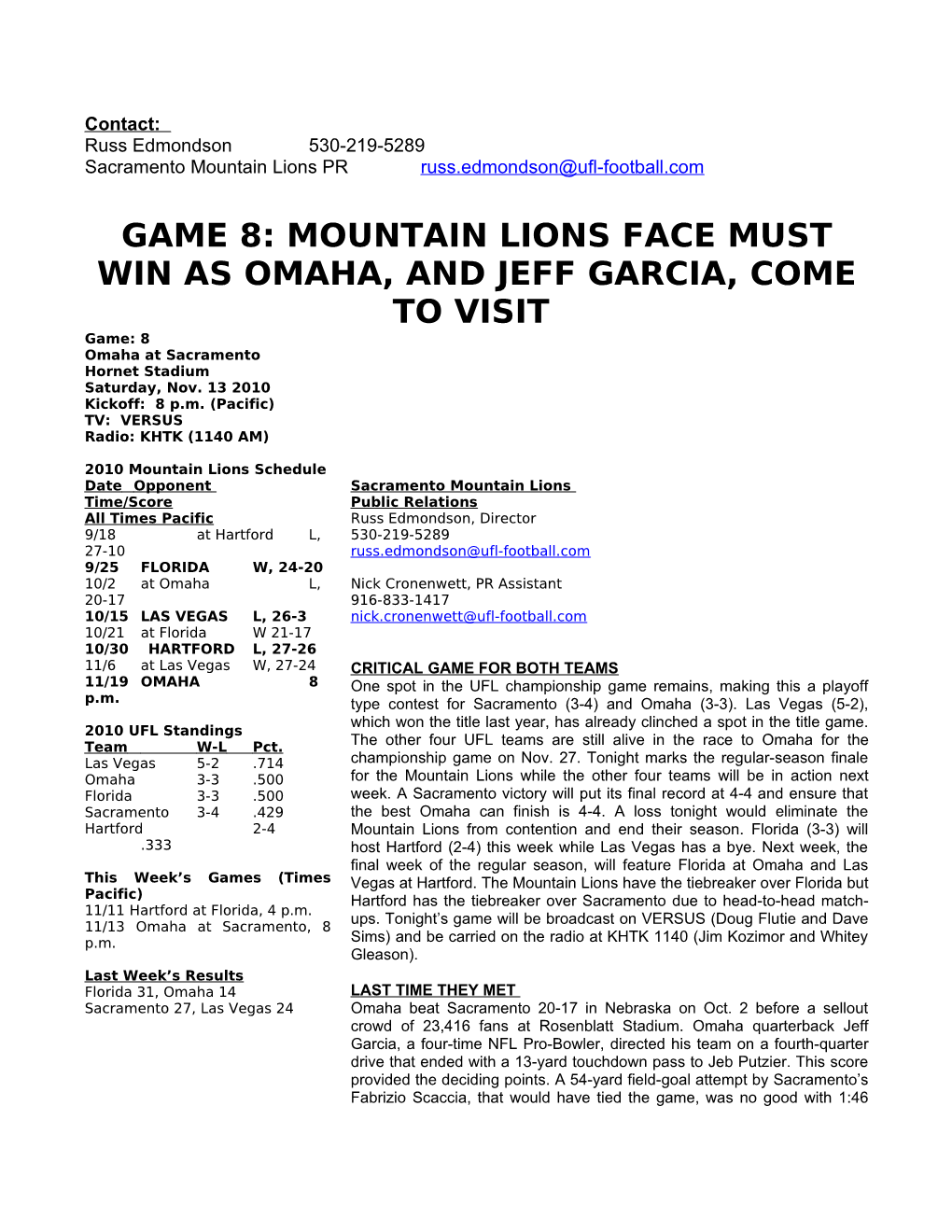 11-13-2010 Mountain Lions Vs. Omaha Nighthawks Game Notes