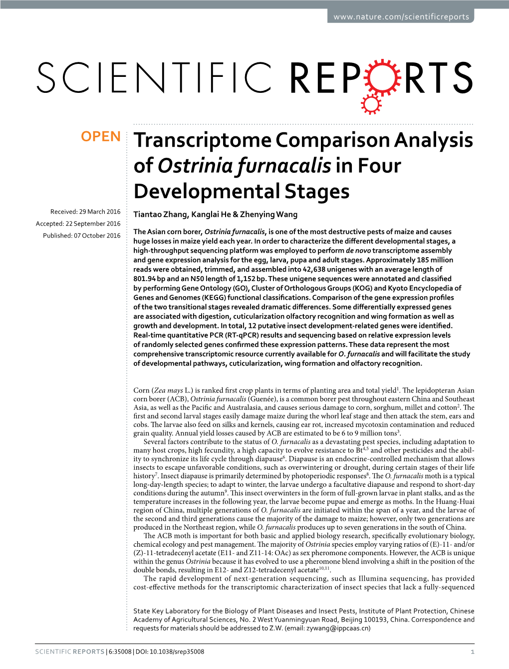 Transcriptome Comparison Analysis of Ostrinia Furnacalis in Four