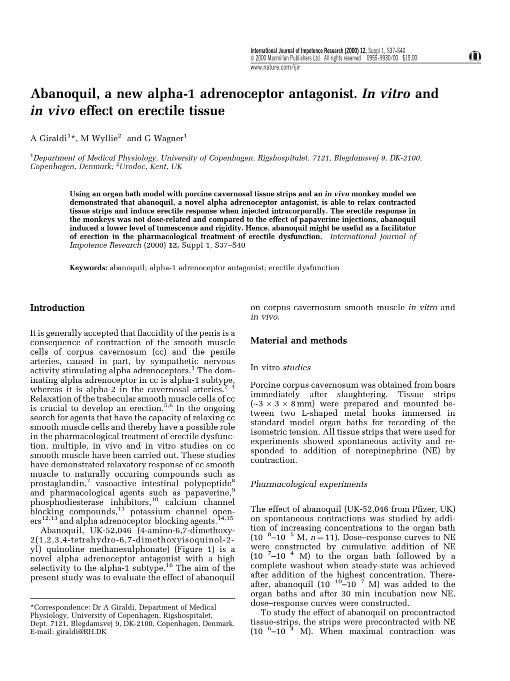 Abanoquil, a New Alpha-1 Adrenoceptor Antagonist. in Vitro and in Vivo Effect on Erectile Tissue