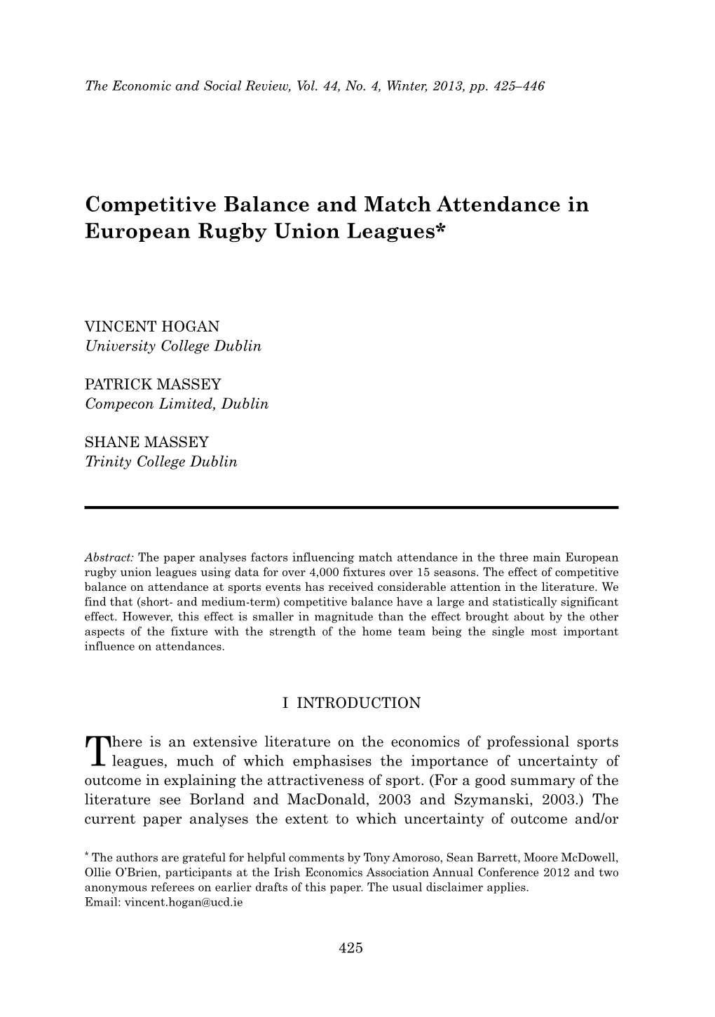 Competitive Balance and Match Attendance in European Rugby Union Leagues*