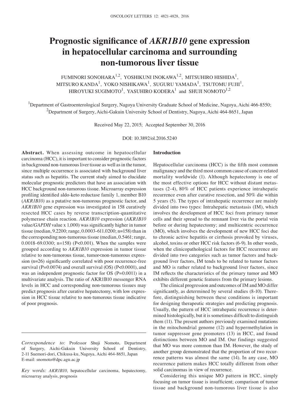 Prognostic Significance of AKR1B10 Gene Expression in Hepatocellular