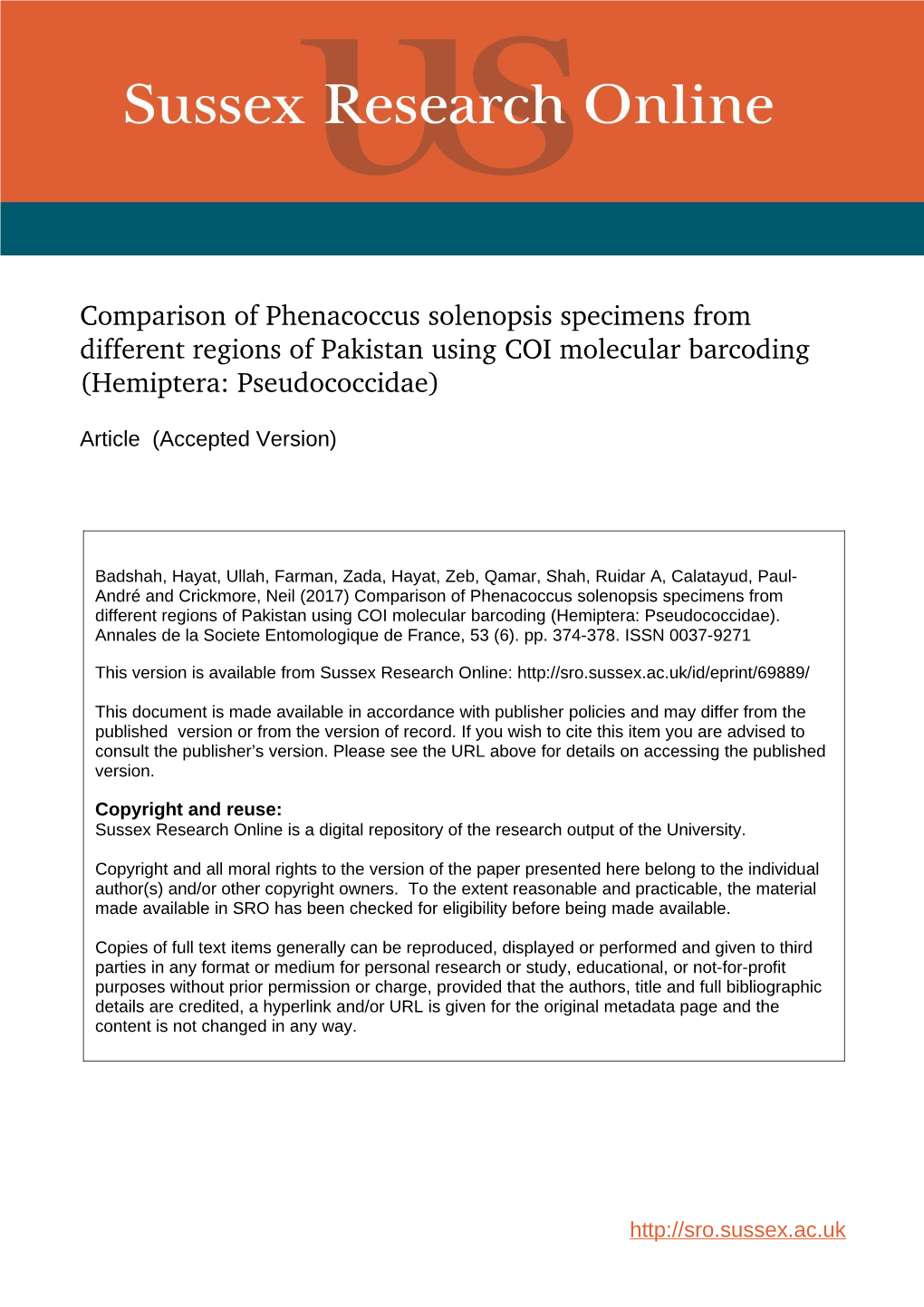 Comparison of Phenacoccus Solenopsis Specimens from Different Regions of Pakistan Using COI Molecular Barcoding (Hemiptera: Pseudococcidae)