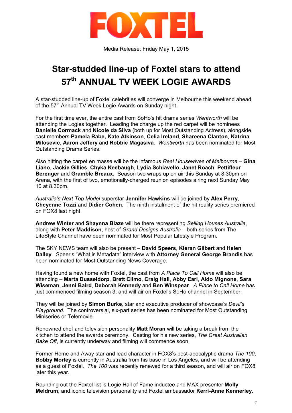 Star-Studded Line-Up of Foxtel Stars to Attend 57 ANNUAL TV WEEK