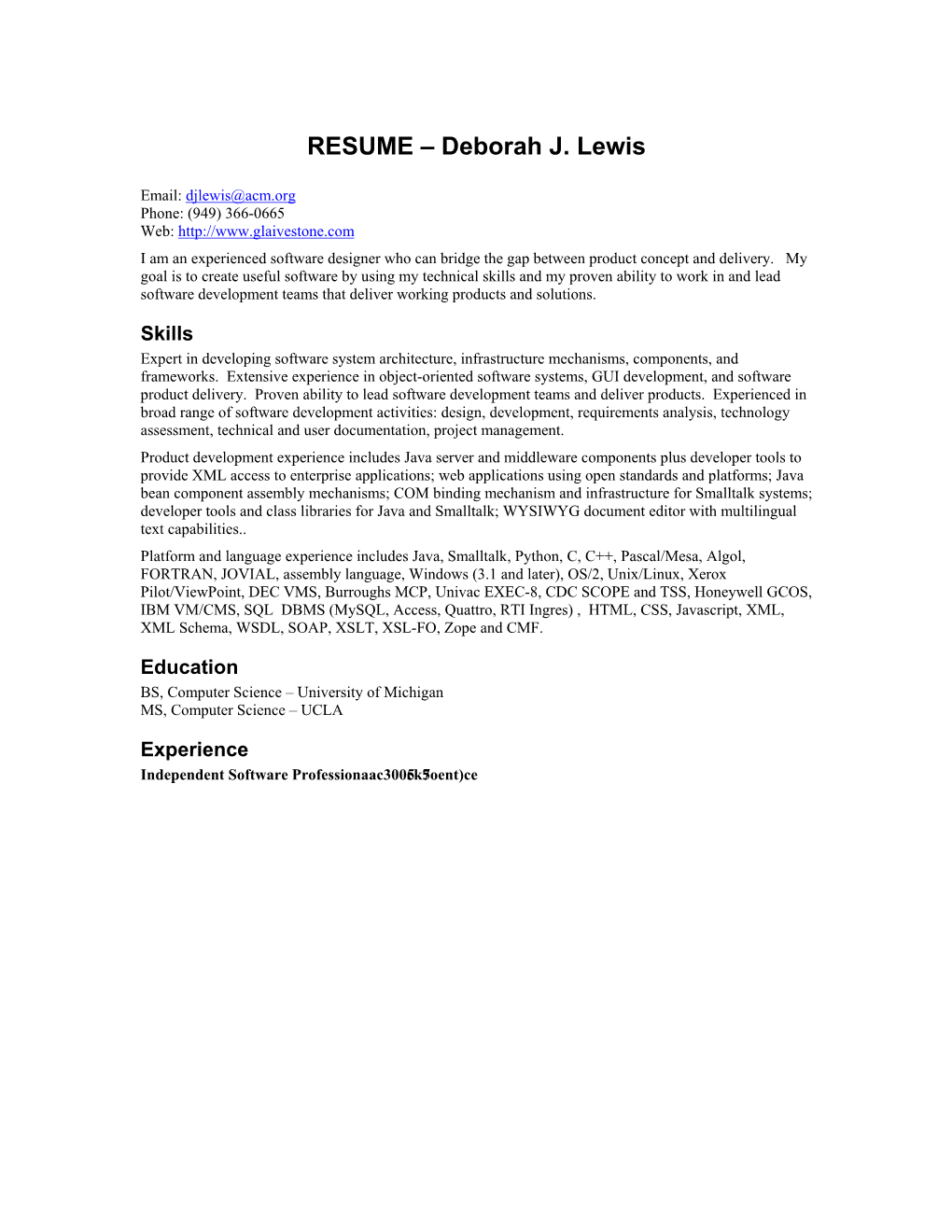 RESUME – Deborah J Lewis