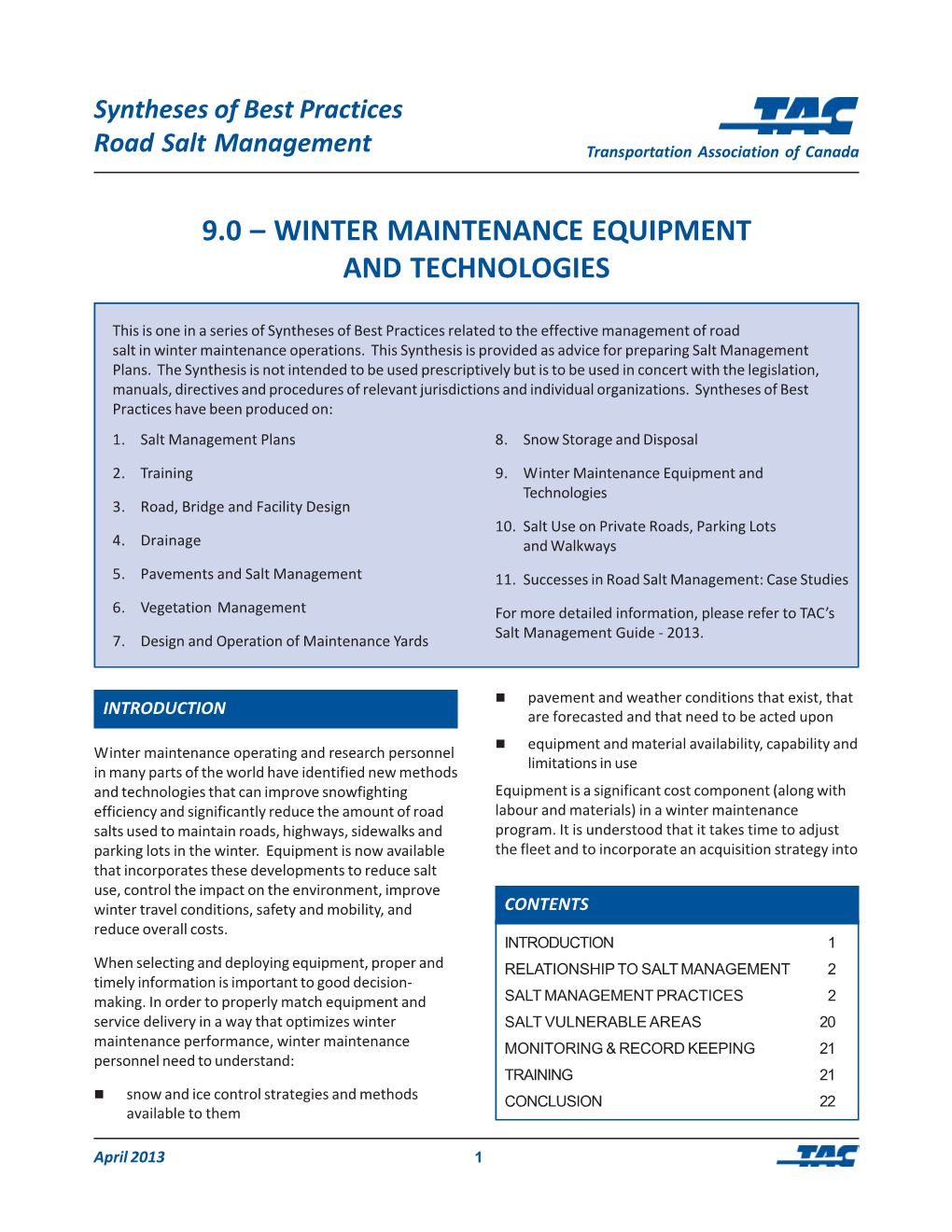 9.0 – Winter Maintenance Equipment and Technologies