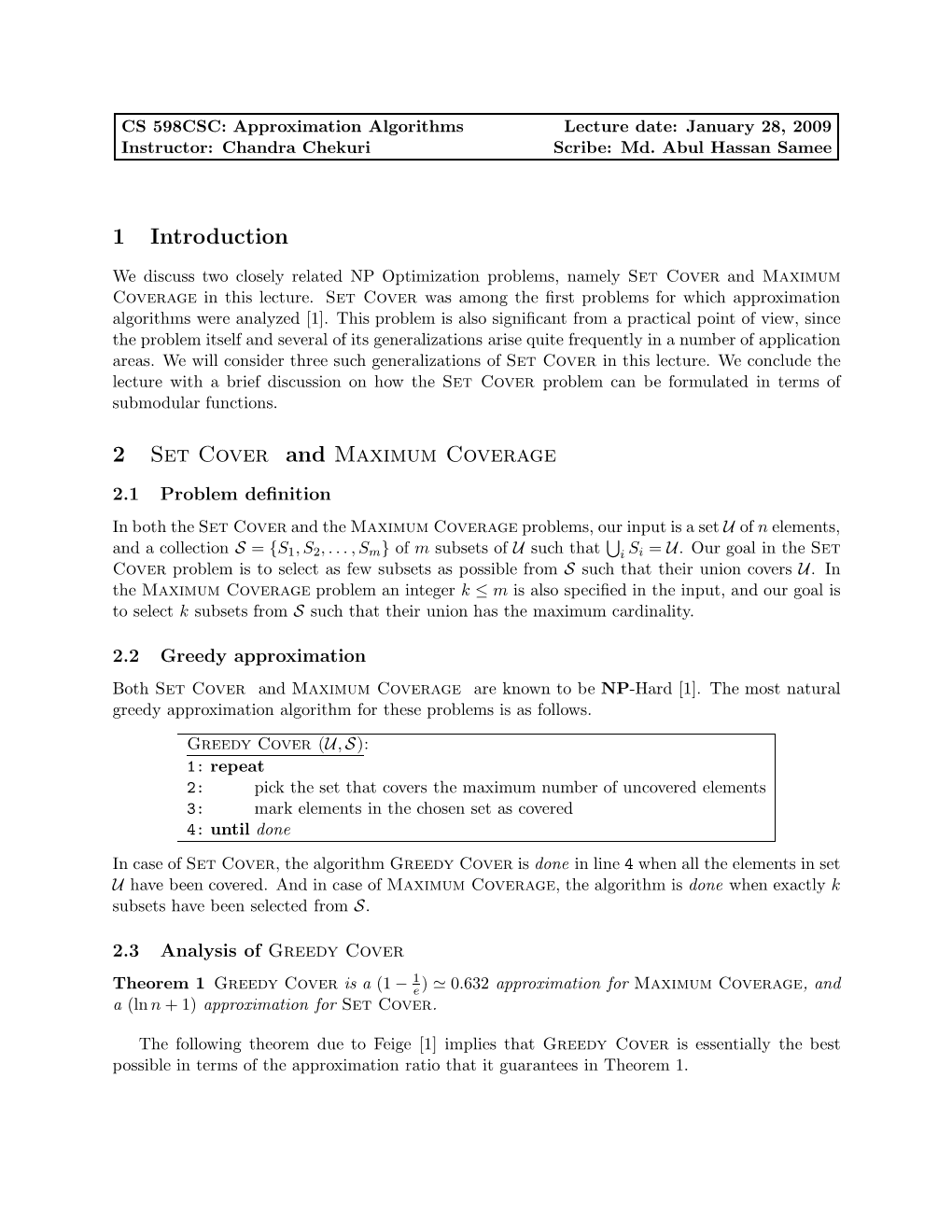 1 Introduction 2 Set Cover and Maximum Coverage