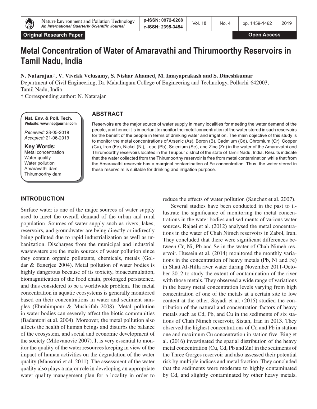 Metal Concentration of Water of Amaravathi and Thirumoorthy Reservoirs in Tamil Nadu, India