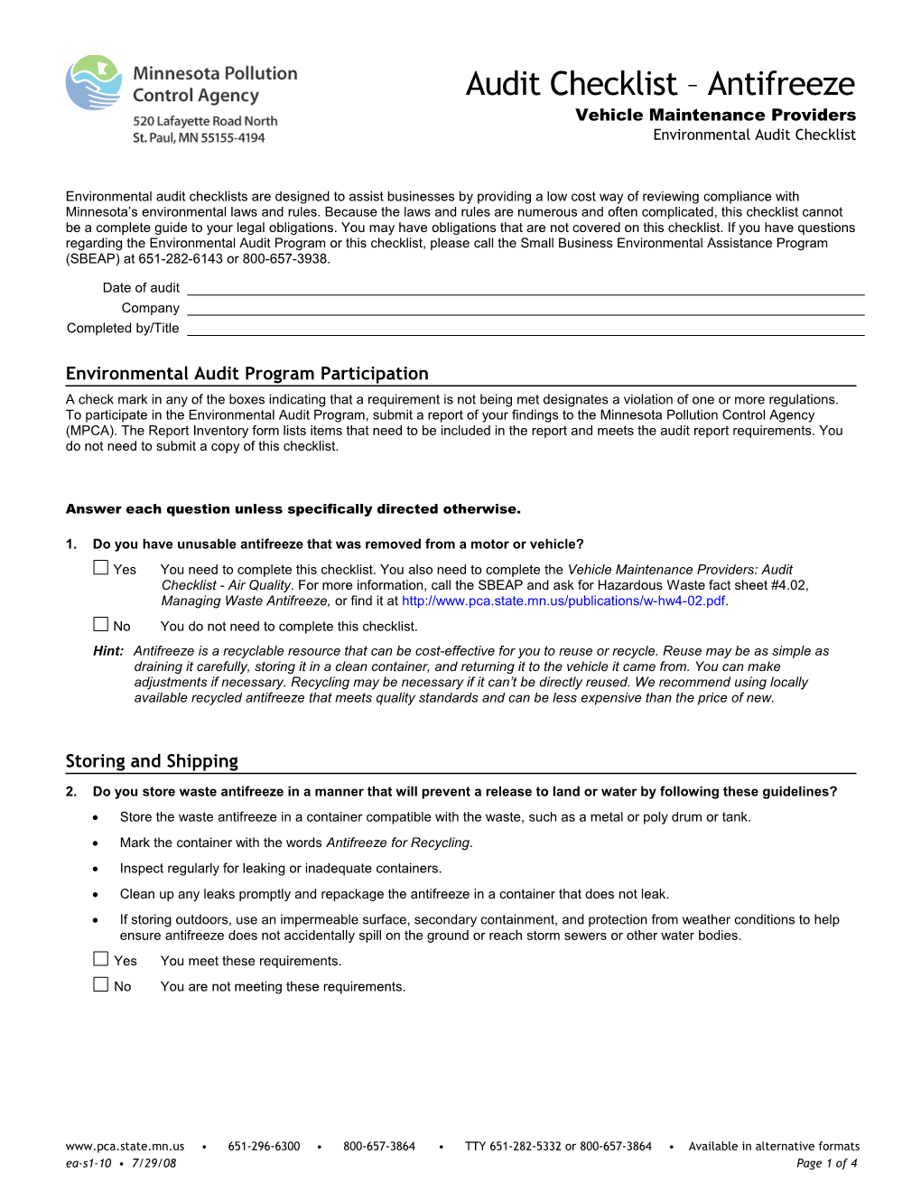 Audit Checklist - Antifreeze - Form