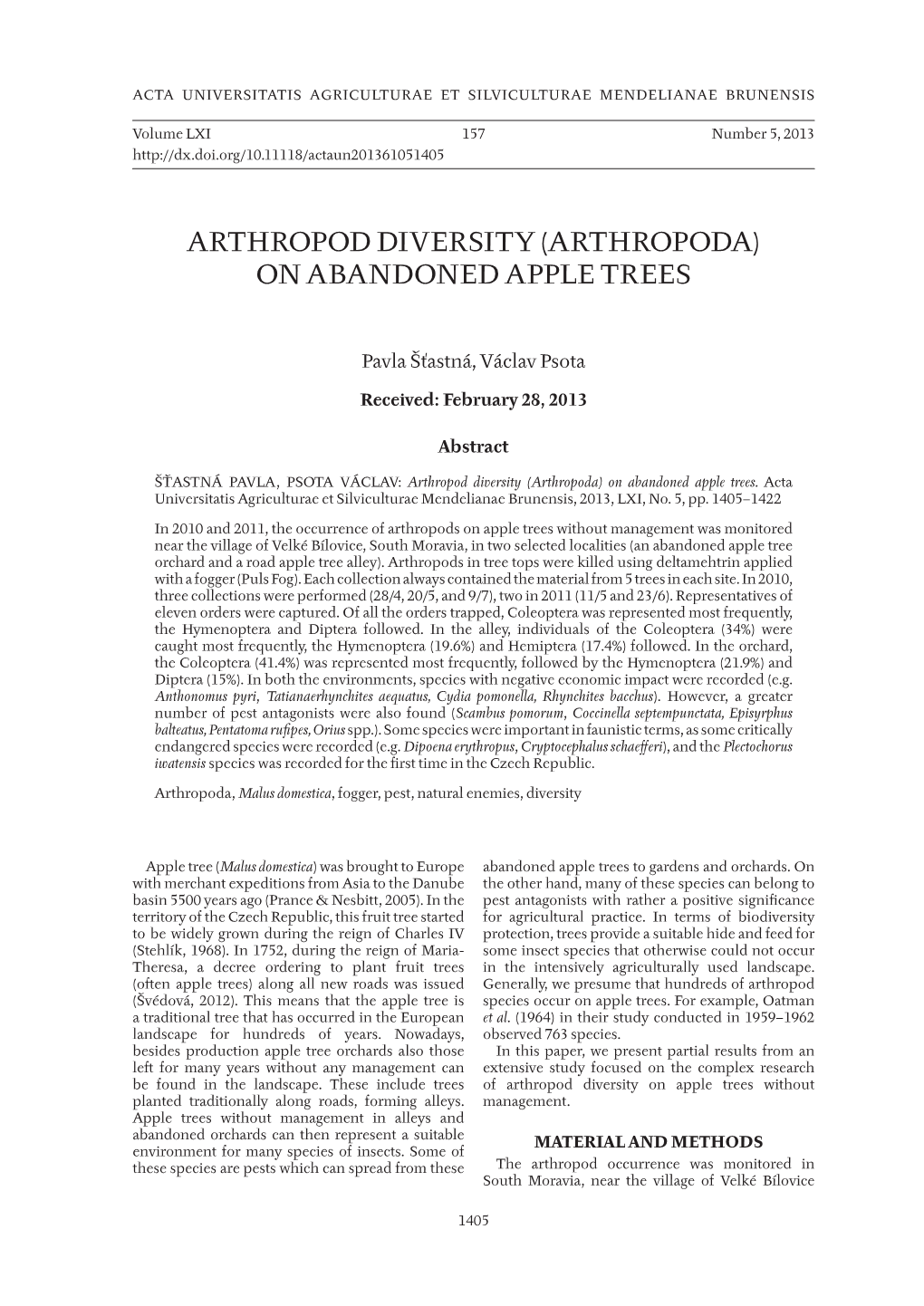 Arthropod Diversity (Arthropoda) on Abandoned Apple Trees