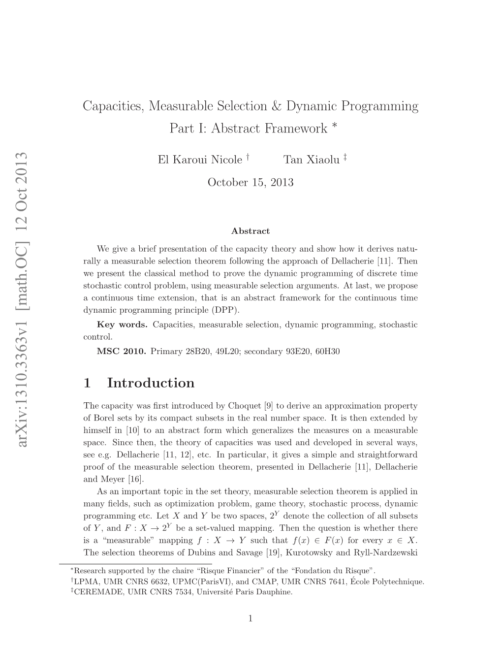 Capacities, Measurable Selection & Dynamic Programming Part I