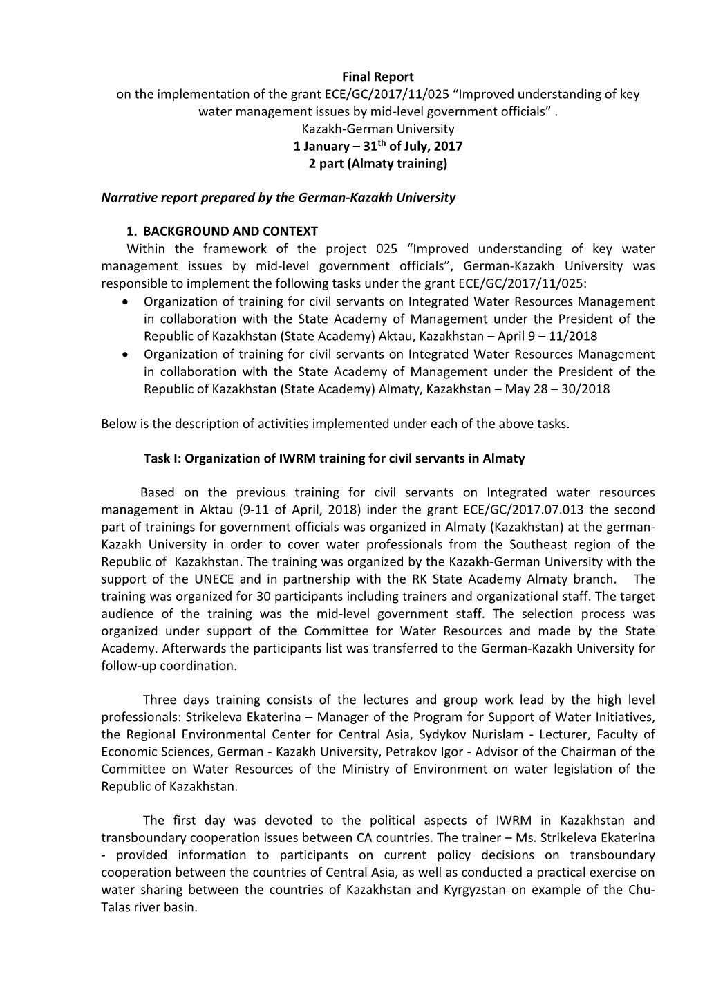 Final Report on the Implementation of the Grant ECE/GC/2017/11/025 “Improved Understanding of Key Water Management Issues by Mid-Level Government Officials”