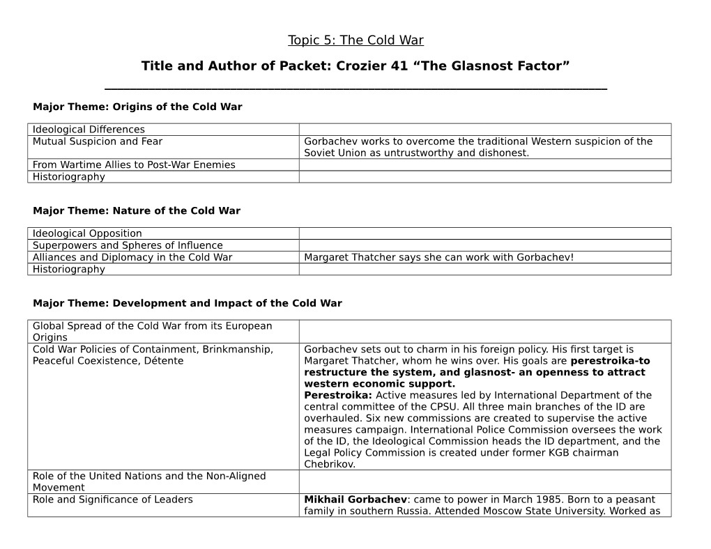 Topic 5: the Cold War Title and Author of Packet: Crozier 41 “The