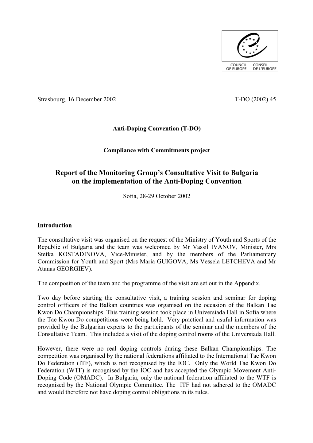 Report of the Monitoring Group's Consultative Visit to Bulgaria on the Implementation of the Anti-Doping Convention