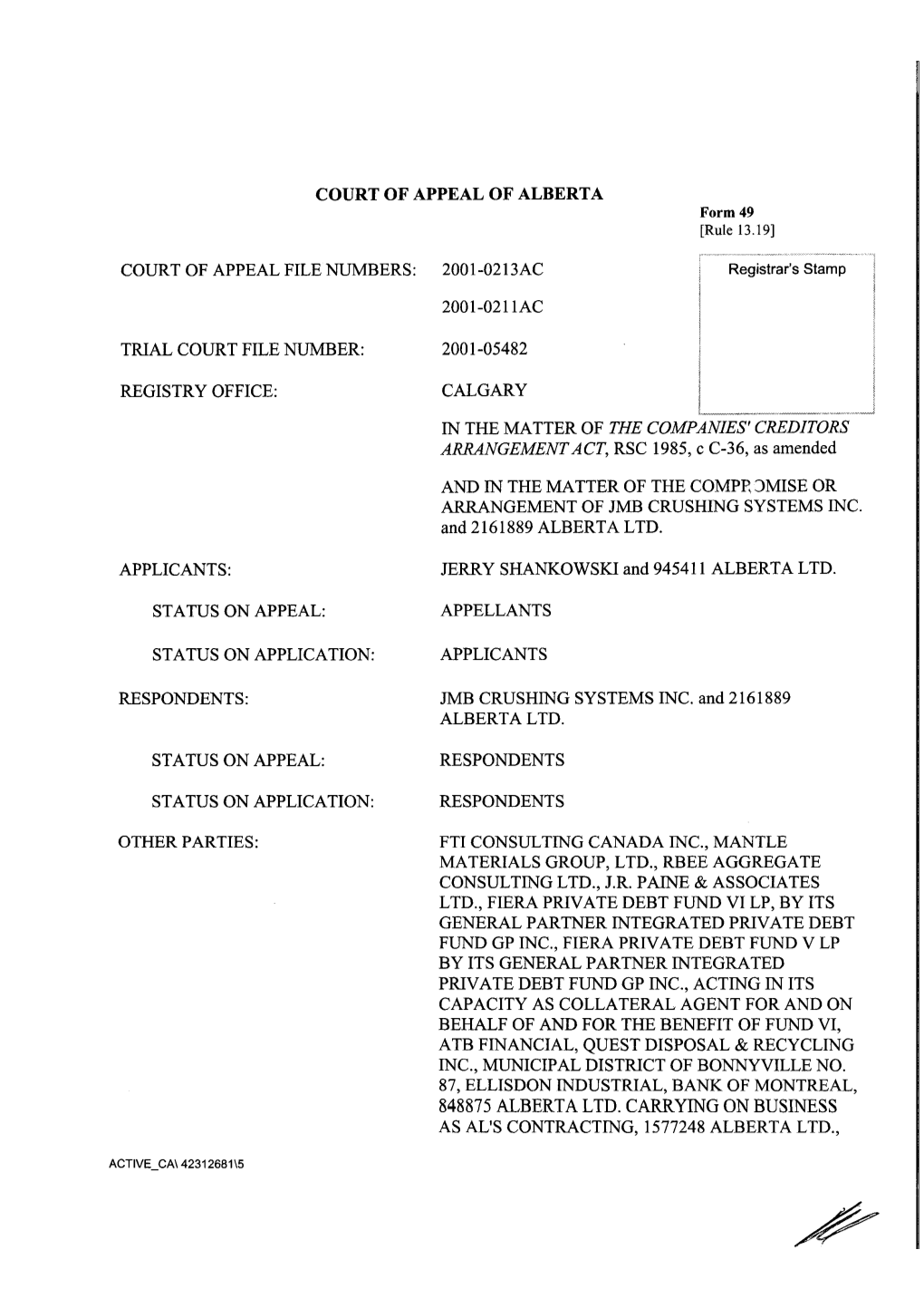 Court of Appeal of Alberta Court of Appeal File Numbers
