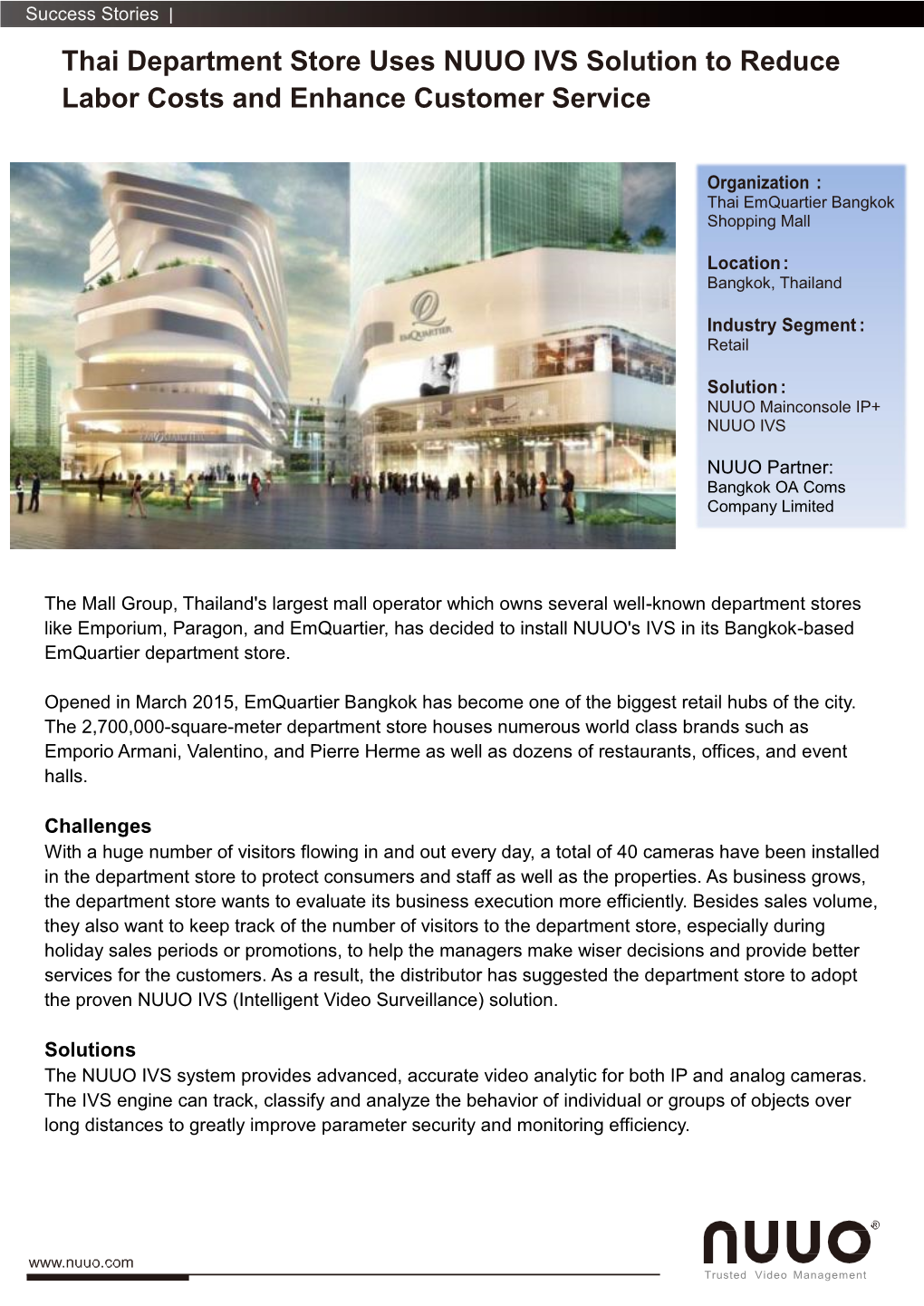 Thai Department Store Uses NUUO IVS Solution to Reduce Labor Costs and Enhance Customer Service