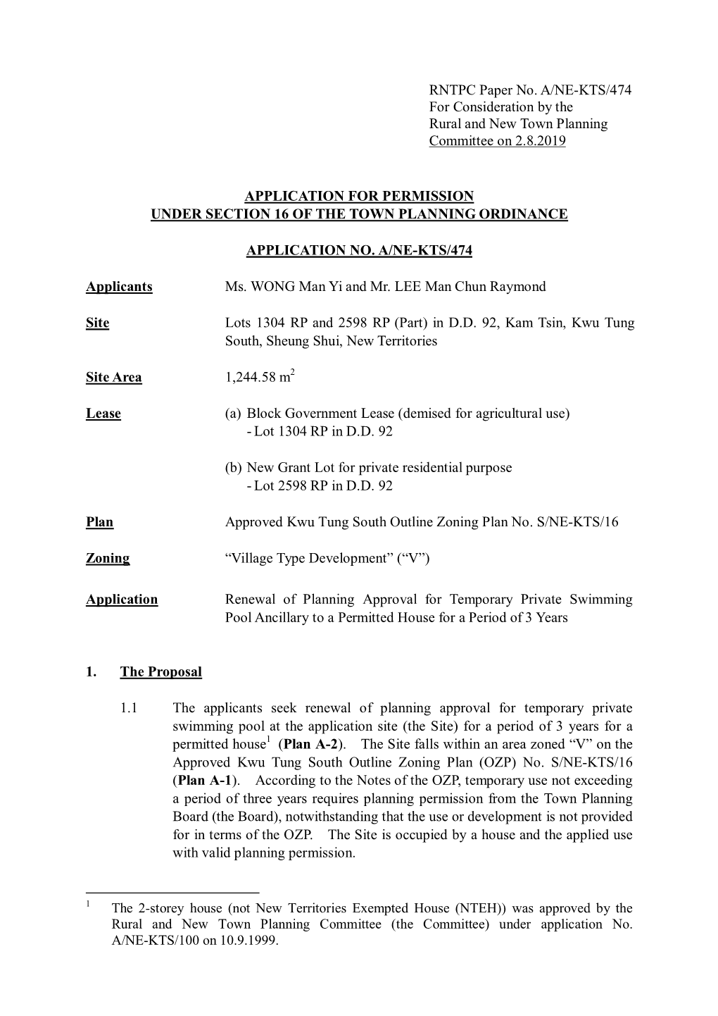 Application for Permission Under Section 16 of the Town Planning Ordinance