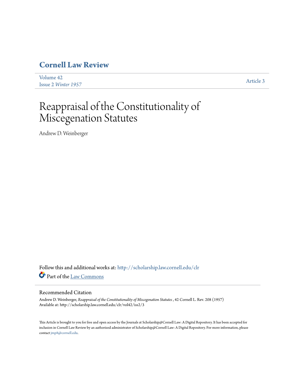 Reappraisal of the Constitutionality of Miscegenation Statutes Andrew D