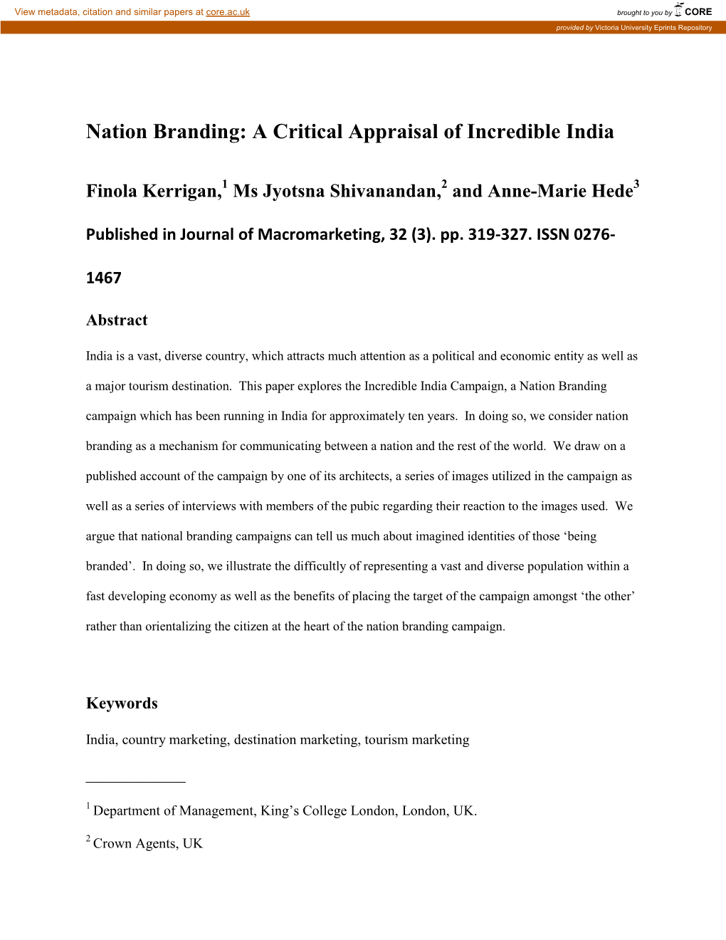 Nation Branding: a Critical Appraisal of Incredible India
