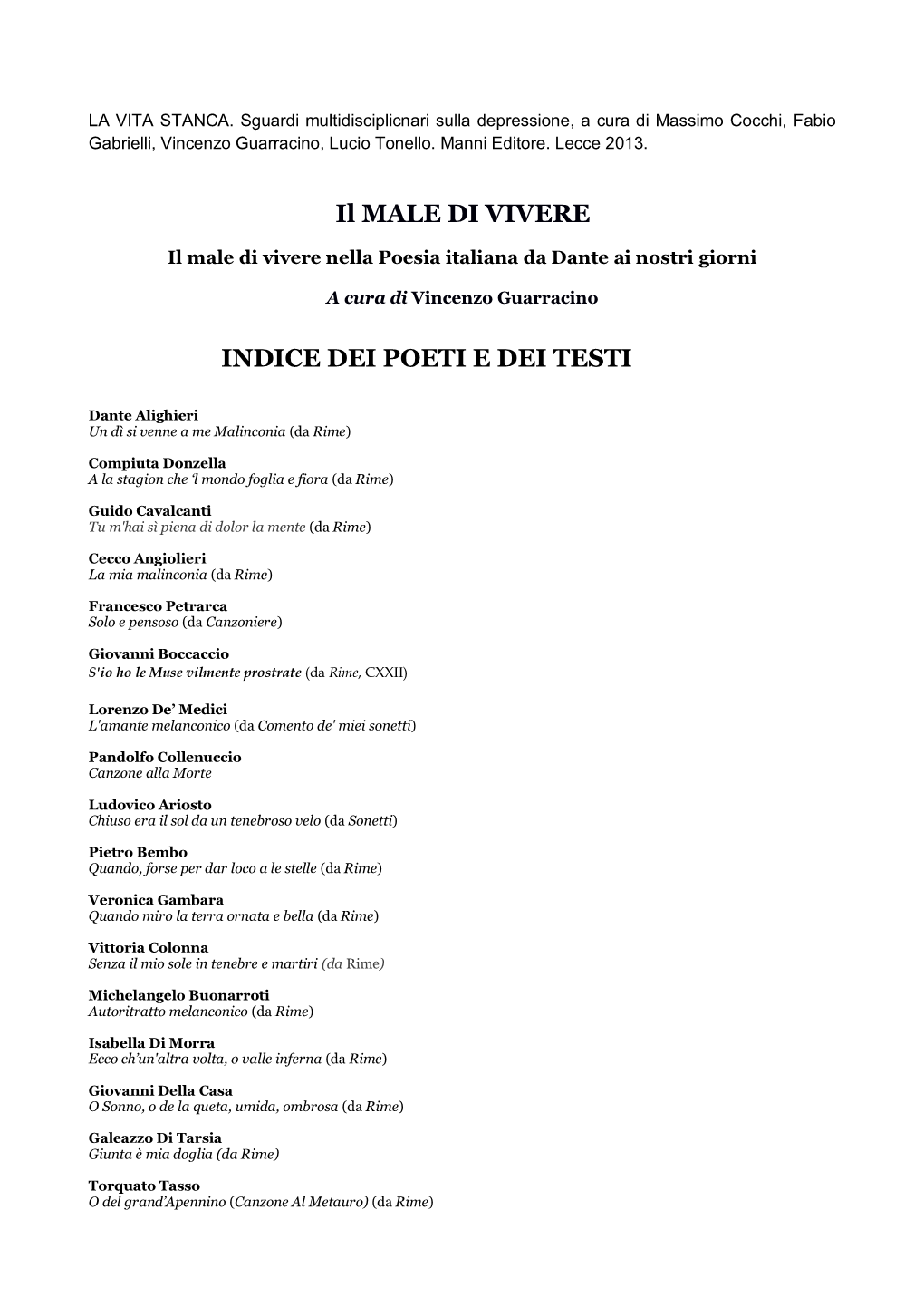 Il MALE DI VIVERE INDICE DEI POETI E DEI TESTI