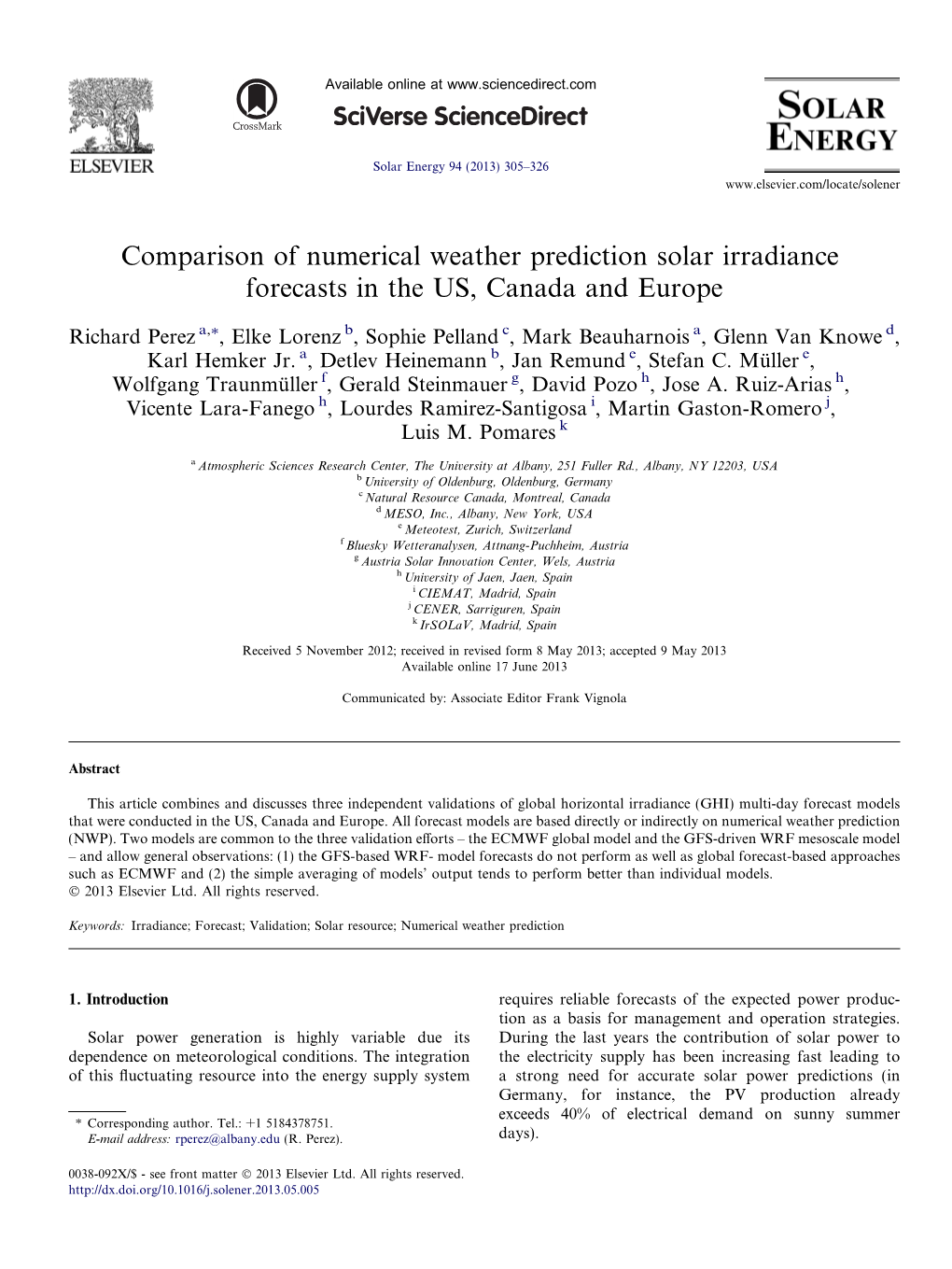 Comparison of Numerical Weather Prediction Solar Irradiance Forecasts in the US, Canada and Europe