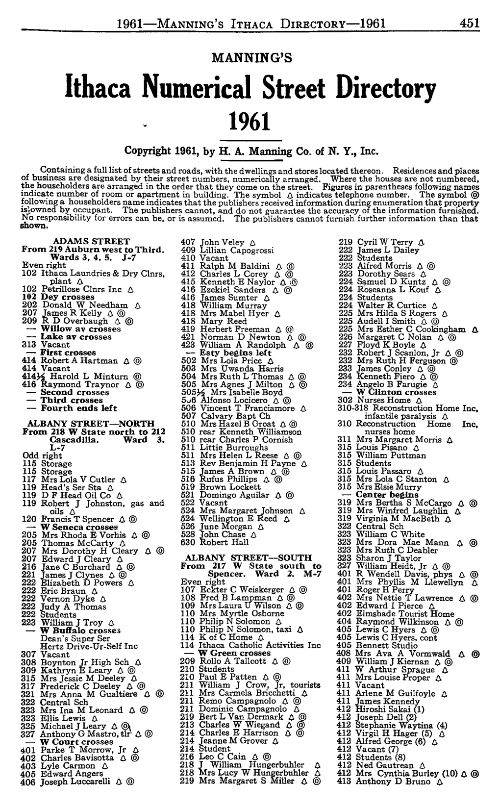 Ithaca Numerical Street Directory 1961 Copyright 1961, by H