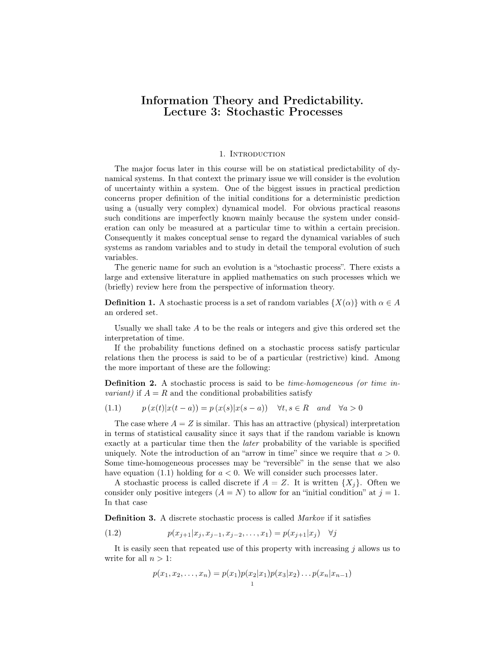 Information Theory and Predictability. Lecture 3: Stochastic Processes