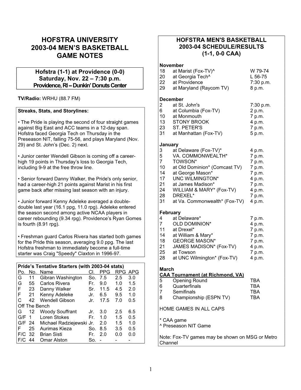 Hofstra University 2003-04 Men's Basketball Game Notes