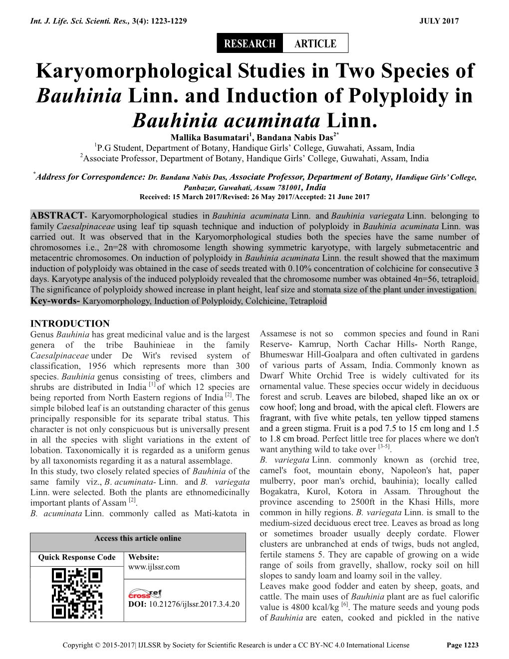 Karyomorphological Studies in Two Species of Bauhinia Linn. and Induction of Polyploidy in Bauhinia Acuminata Linn