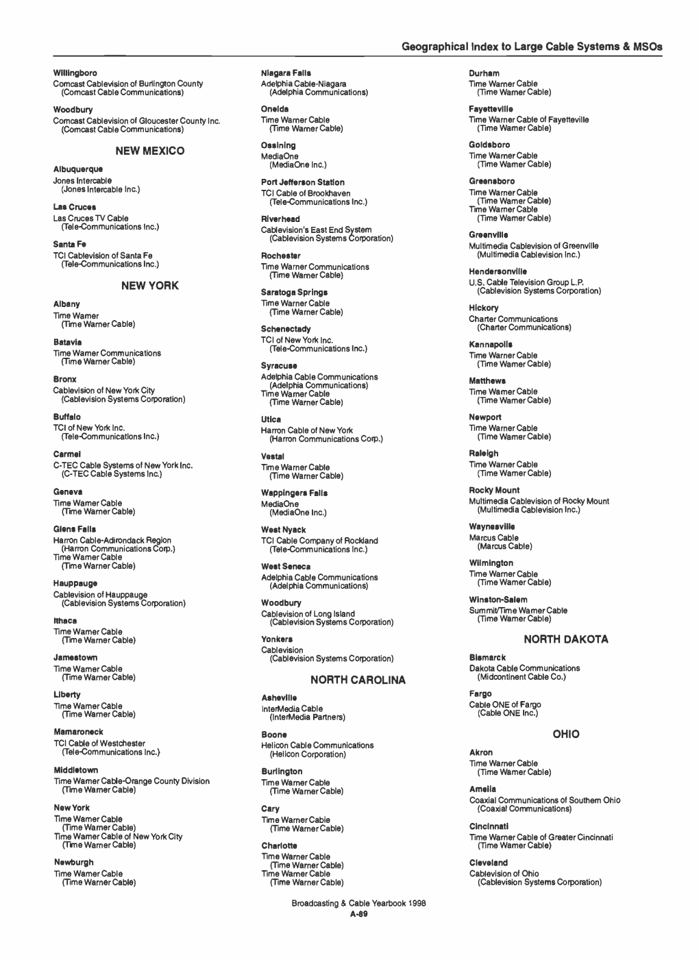 Geographical Index to Large Cable Systems & Msos NEW MEXICO