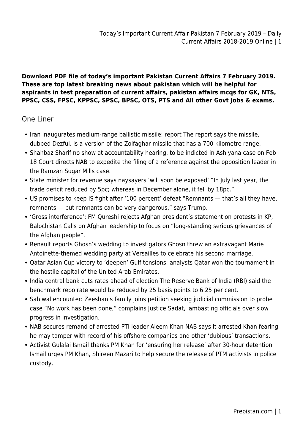 S Important Current Affair Pakistan 7 February 2019