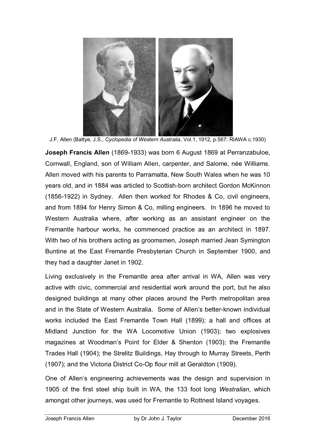 Joseph Francis Allen (1869-1933) Was Born 6 August 1869 at Perranzabuloe, Cornwall, England, Son of William Allen, Carpenter, and Salome, Née Williams