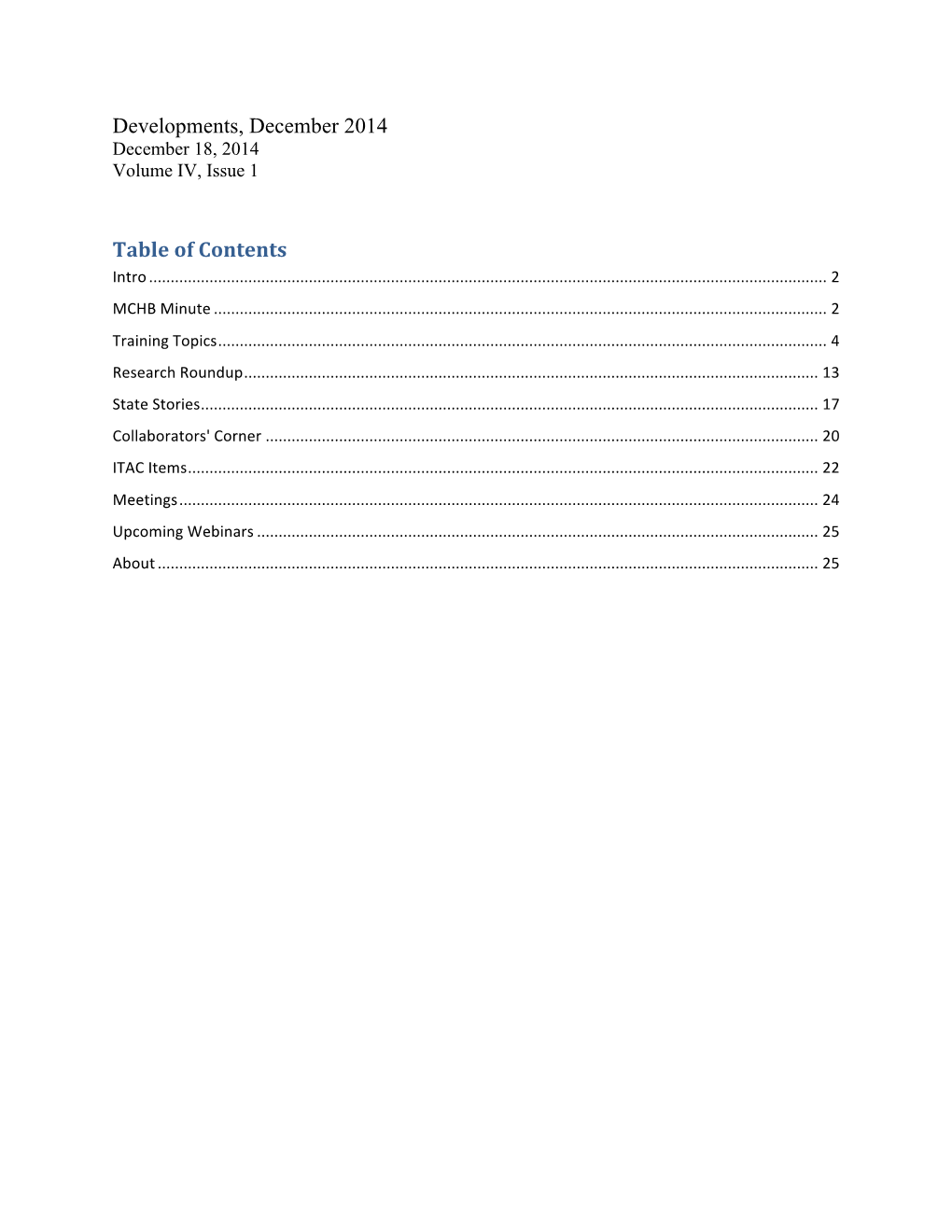 Developments, December 2014 Table of Contents