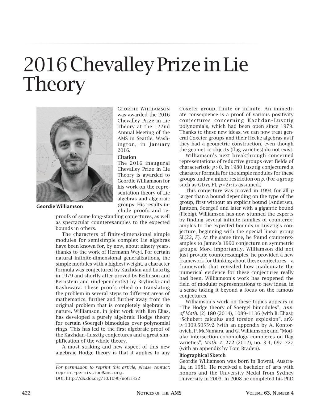 2016 Chevalley Prize in Lie Theory